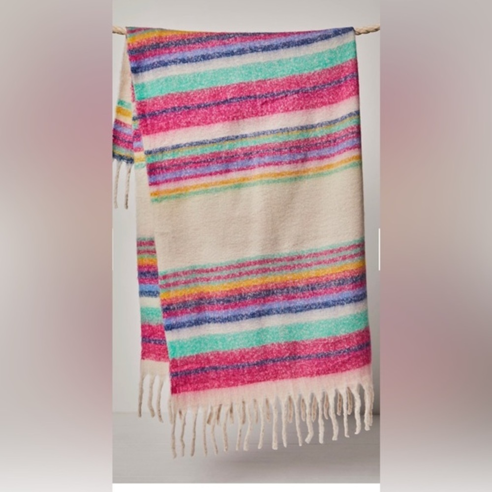 Free People FP Collection Ivory Multi Fringe Throw Blanket new One Size